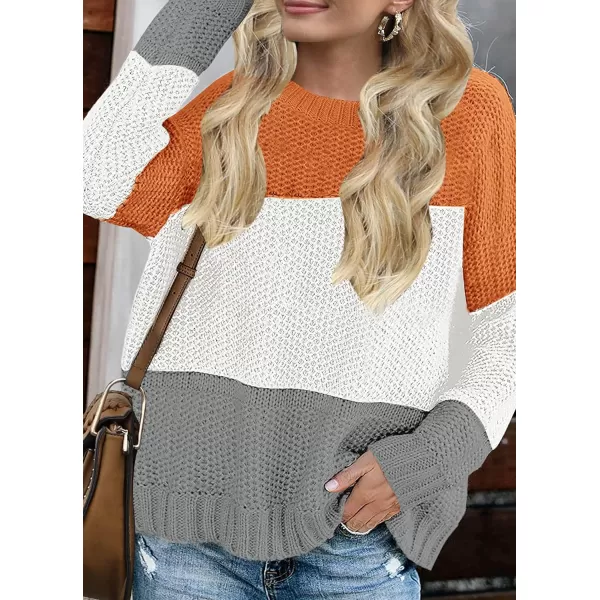 imageZESICA Womens 2023 Fall Long Sleeve Crew Neck Striped Color Block Casual Loose Knitted Pullover Sweater TopsOrangewhite