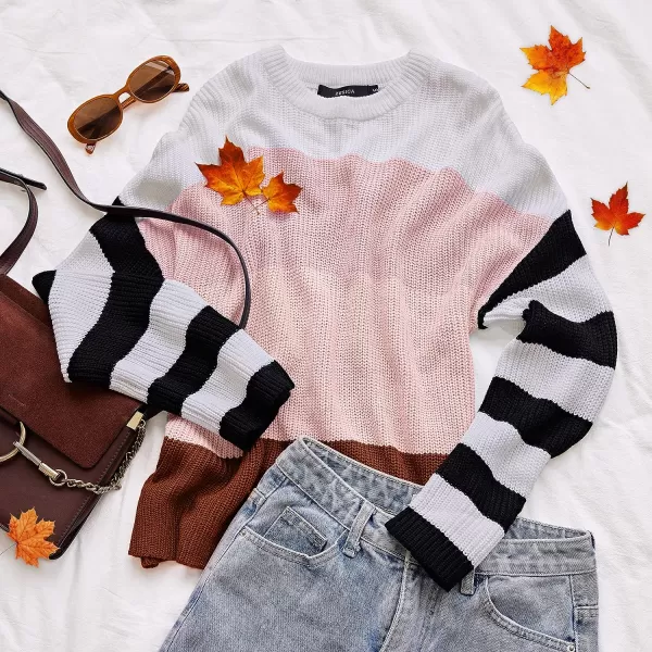 imageZESICA Womens 2023 Fall Long Sleeve Crew Neck Striped Color Block Casual Loose Knitted Pullover Sweater TopsPink