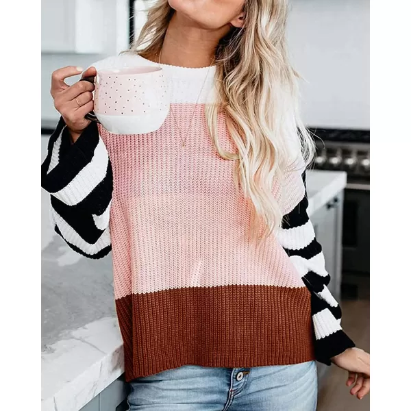 imageZESICA Womens 2023 Fall Long Sleeve Crew Neck Striped Color Block Casual Loose Knitted Pullover Sweater TopsPink