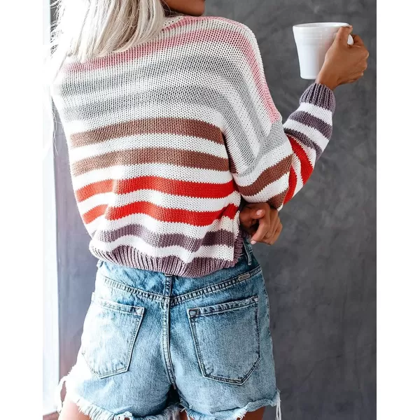 imageZESICA Womens 2023 Fall Long Sleeve Crew Neck Striped Color Block Casual Loose Knitted Pullover Sweater TopsPurple