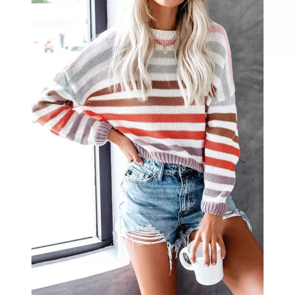 imageZESICA Womens 2023 Fall Long Sleeve Crew Neck Striped Color Block Casual Loose Knitted Pullover Sweater TopsPurple