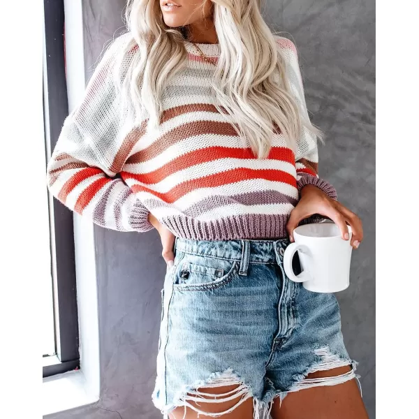 imageZESICA Womens 2023 Fall Long Sleeve Crew Neck Striped Color Block Casual Loose Knitted Pullover Sweater TopsPurple