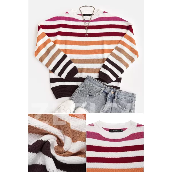 imageZESICA Womens 2023 Fall Long Sleeve Crew Neck Striped Color Block Casual Loose Knitted Pullover Sweater TopsRed