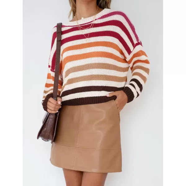 imageZESICA Womens 2023 Fall Long Sleeve Crew Neck Striped Color Block Casual Loose Knitted Pullover Sweater TopsRed