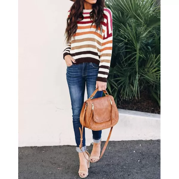 imageZESICA Womens 2023 Fall Long Sleeve Crew Neck Striped Color Block Casual Loose Knitted Pullover Sweater TopsRed
