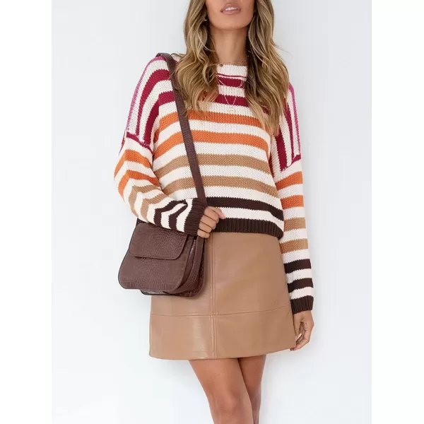 imageZESICA Womens 2023 Fall Long Sleeve Crew Neck Striped Color Block Casual Loose Knitted Pullover Sweater TopsRed