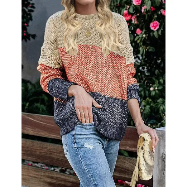 imageZESICA Womens 2023 Fall Long Sleeve Crew Neck Striped Color Block Casual Loose Knitted Pullover Sweater TopsTan