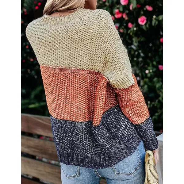 imageZESICA Womens 2023 Fall Long Sleeve Crew Neck Striped Color Block Casual Loose Knitted Pullover Sweater TopsTan
