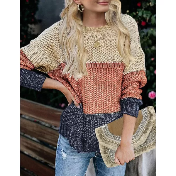 imageZESICA Womens 2023 Fall Long Sleeve Crew Neck Striped Color Block Casual Loose Knitted Pullover Sweater TopsTan