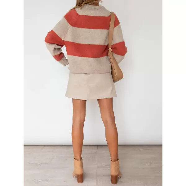 imageZESICA Womens 2023 Fall Long Sleeve Crew Neck Striped Color Block Casual Loose Knitted Pullover Sweater TopsTomato