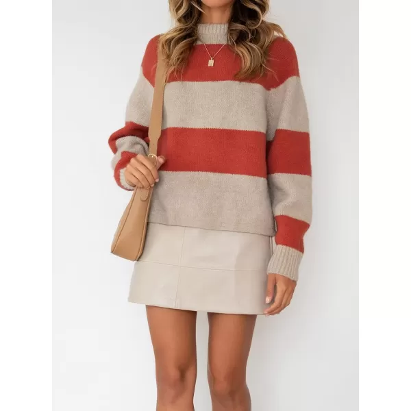 imageZESICA Womens 2023 Fall Long Sleeve Crew Neck Striped Color Block Casual Loose Knitted Pullover Sweater TopsTomato
