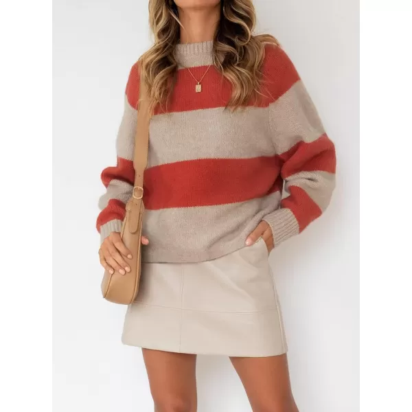imageZESICA Womens 2023 Fall Long Sleeve Crew Neck Striped Color Block Casual Loose Knitted Pullover Sweater TopsTomato