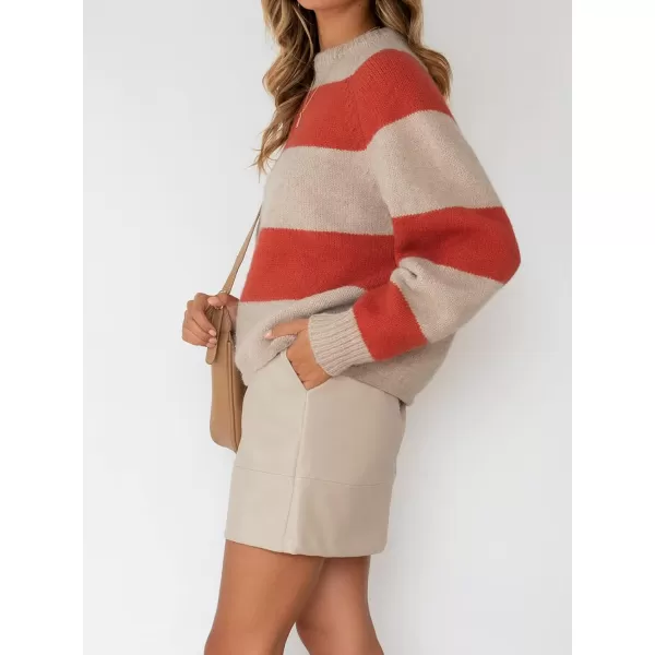 imageZESICA Womens 2023 Fall Long Sleeve Crew Neck Striped Color Block Casual Loose Knitted Pullover Sweater TopsTomato