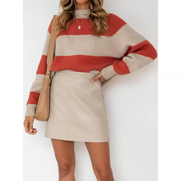 imageZESICA Womens 2023 Fall Long Sleeve Crew Neck Striped Color Block Casual Loose Knitted Pullover Sweater TopsTomato