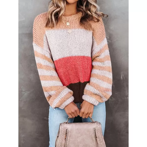 imageZESICA Womens 2023 Fall Long Sleeve Crew Neck Striped Color Block Casual Loose Knitted Pullover Sweater TopsWatermelon