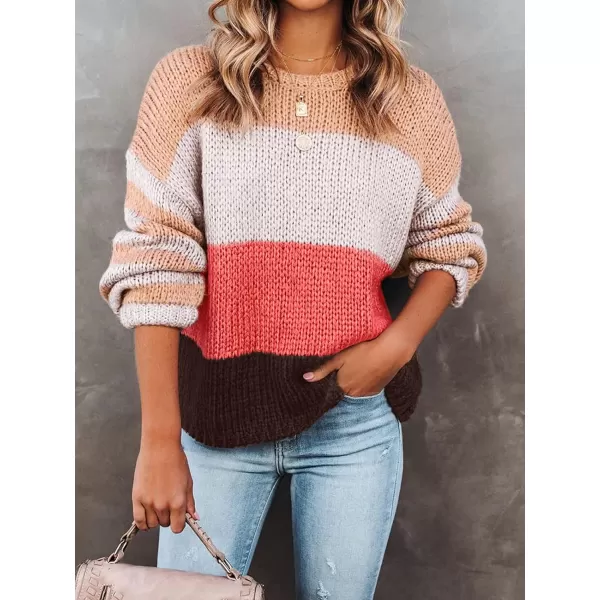imageZESICA Womens 2023 Fall Long Sleeve Crew Neck Striped Color Block Casual Loose Knitted Pullover Sweater TopsWatermelon