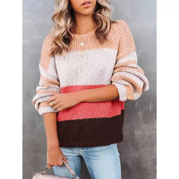 imageZESICA Womens 2023 Fall Long Sleeve Crew Neck Striped Color Block Casual Loose Knitted Pullover Sweater TopsWatermelon
