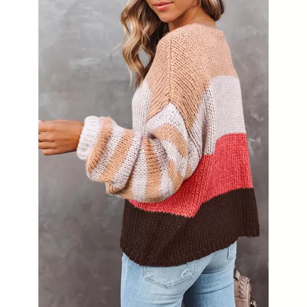 imageZESICA Womens 2023 Fall Long Sleeve Crew Neck Striped Color Block Casual Loose Knitted Pullover Sweater TopsWatermelon