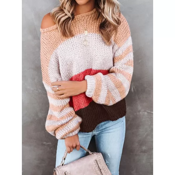imageZESICA Womens 2023 Fall Long Sleeve Crew Neck Striped Color Block Casual Loose Knitted Pullover Sweater TopsWatermelon
