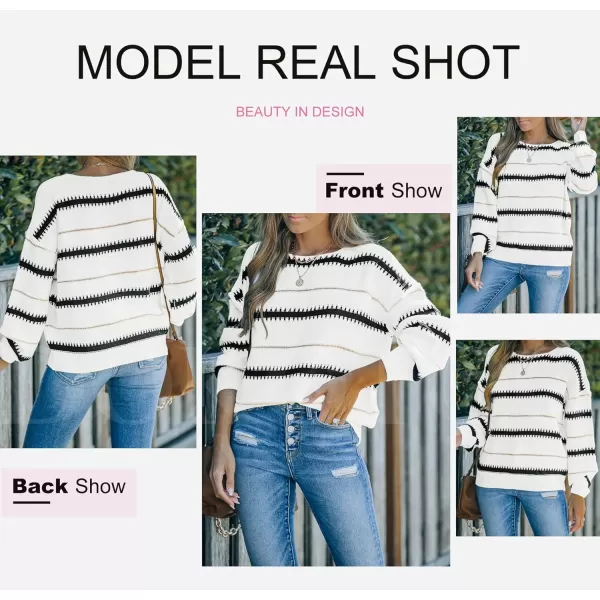 imageZESICA Womens 2023 Fall Long Sleeve Crew Neck Striped Color Block Casual Loose Knitted Pullover Sweater TopsWhite