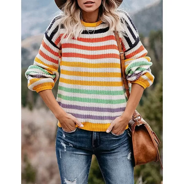 imageZESICA Womens 2023 Fall Long Sleeve Crew Neck Striped Color Block Casual Loose Knitted Pullover Sweater TopsYellow
