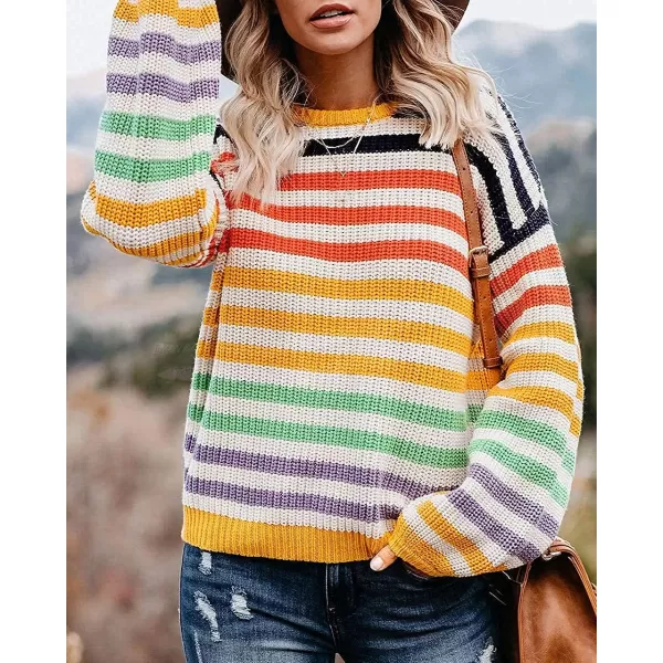 imageZESICA Womens 2023 Fall Long Sleeve Crew Neck Striped Color Block Casual Loose Knitted Pullover Sweater TopsYellow