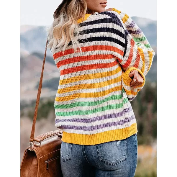 imageZESICA Womens 2023 Fall Long Sleeve Crew Neck Striped Color Block Casual Loose Knitted Pullover Sweater TopsYellow
