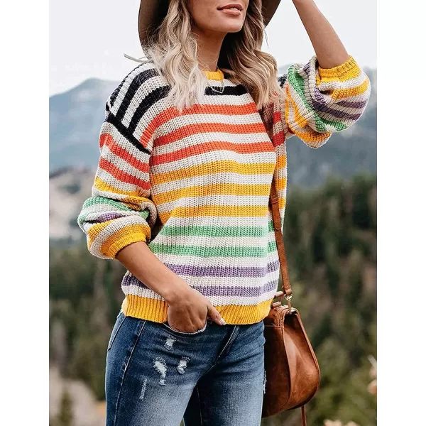 imageZESICA Womens 2023 Fall Long Sleeve Crew Neck Striped Color Block Casual Loose Knitted Pullover Sweater TopsYellow