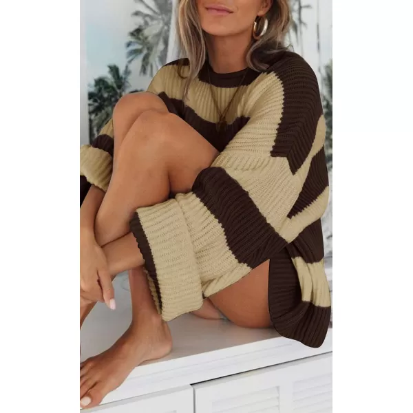 imageZESICA Womens 2023 Fall Long Sleeve Crew Neck Striped Color Block Comfy Loose Oversized Knitted Pullover SweaterBrown