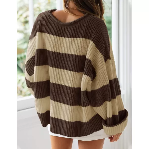 imageZESICA Womens 2023 Fall Long Sleeve Crew Neck Striped Color Block Comfy Loose Oversized Knitted Pullover SweaterBrown