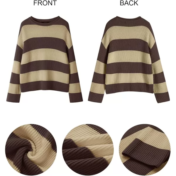 imageZESICA Womens 2023 Fall Long Sleeve Crew Neck Striped Color Block Comfy Loose Oversized Knitted Pullover SweaterBrown
