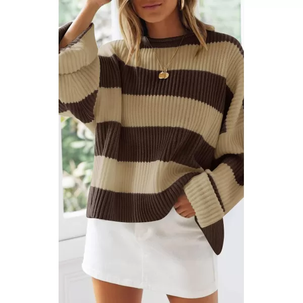 imageZESICA Womens 2023 Fall Long Sleeve Crew Neck Striped Color Block Comfy Loose Oversized Knitted Pullover SweaterBrown