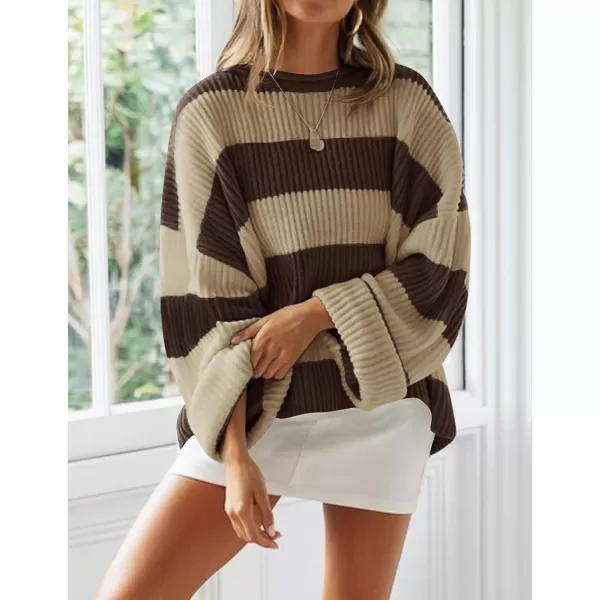 imageZESICA Womens 2023 Fall Long Sleeve Crew Neck Striped Color Block Comfy Loose Oversized Knitted Pullover SweaterBrown