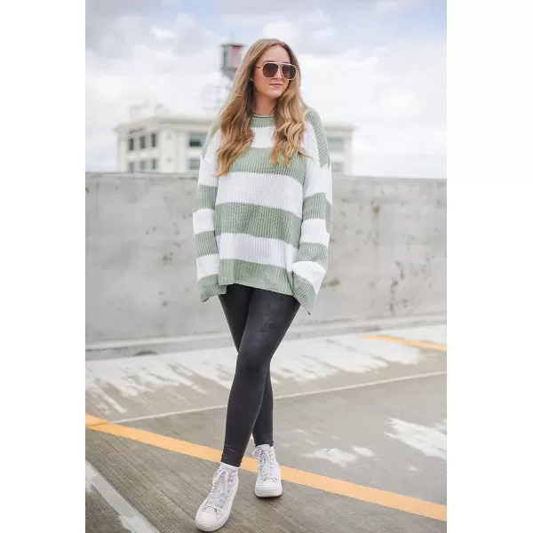 imageZESICA Womens 2023 Fall Long Sleeve Crew Neck Striped Color Block Comfy Loose Oversized Knitted Pullover SweaterGreen
