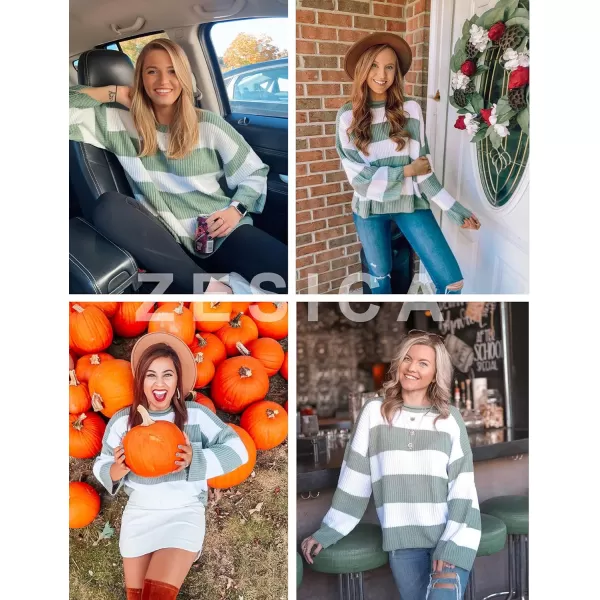 imageZESICA Womens 2023 Fall Long Sleeve Crew Neck Striped Color Block Comfy Loose Oversized Knitted Pullover SweaterGreen