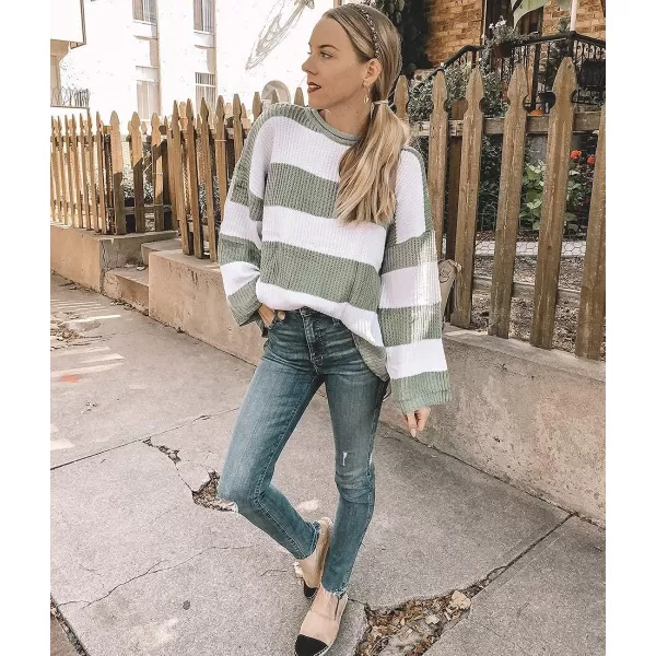 imageZESICA Womens 2023 Fall Long Sleeve Crew Neck Striped Color Block Comfy Loose Oversized Knitted Pullover SweaterGreen