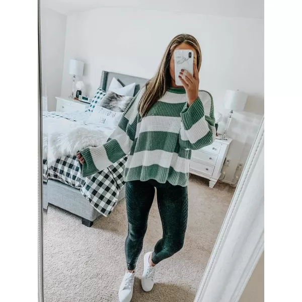 imageZESICA Womens 2023 Fall Long Sleeve Crew Neck Striped Color Block Comfy Loose Oversized Knitted Pullover SweaterGreen
