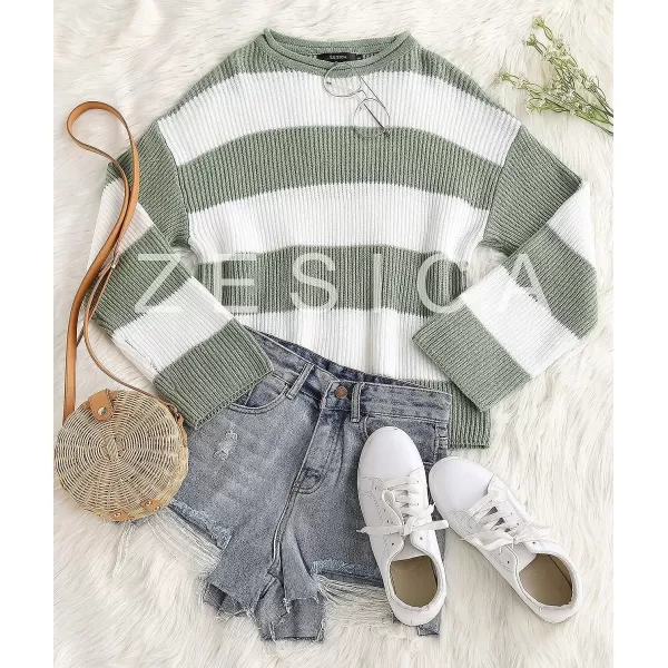 imageZESICA Womens 2023 Fall Long Sleeve Crew Neck Striped Color Block Comfy Loose Oversized Knitted Pullover SweaterGreen