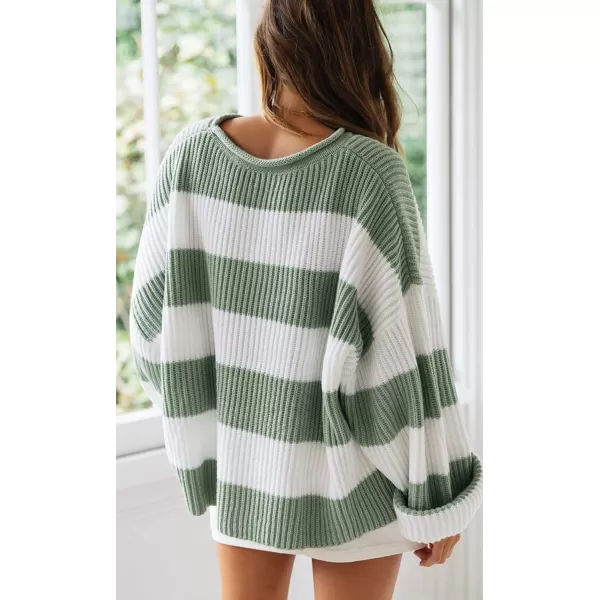 imageZESICA Womens 2023 Fall Long Sleeve Crew Neck Striped Color Block Comfy Loose Oversized Knitted Pullover SweaterGreen