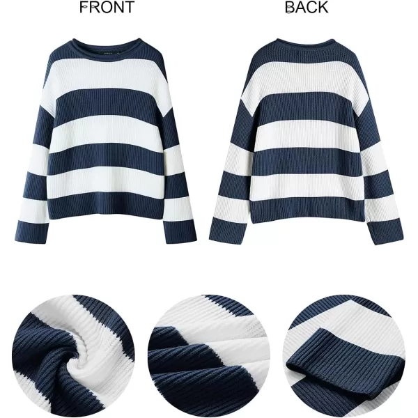 imageZESICA Womens 2023 Fall Long Sleeve Crew Neck Striped Color Block Comfy Loose Oversized Knitted Pullover SweaterNavy