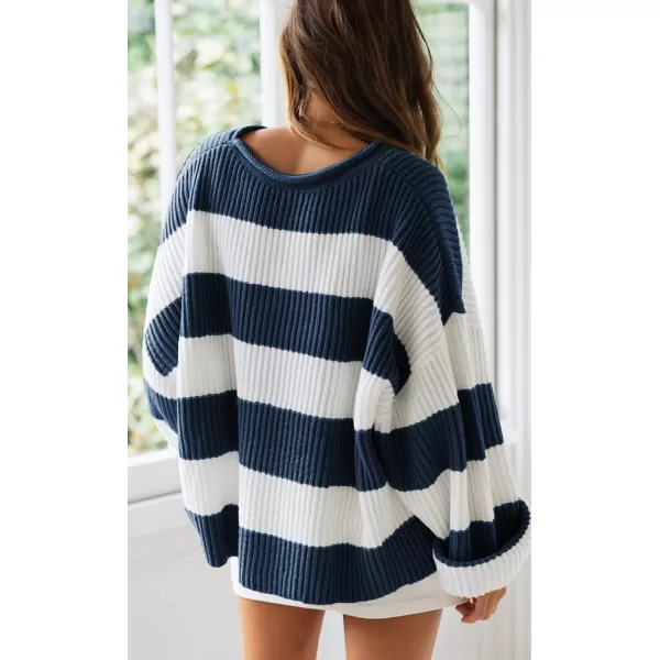 imageZESICA Womens 2023 Fall Long Sleeve Crew Neck Striped Color Block Comfy Loose Oversized Knitted Pullover SweaterNavy