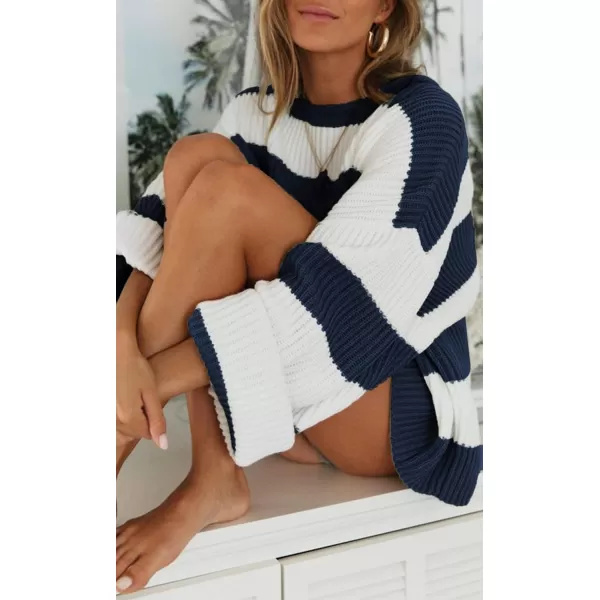 imageZESICA Womens 2023 Fall Long Sleeve Crew Neck Striped Color Block Comfy Loose Oversized Knitted Pullover SweaterNavy