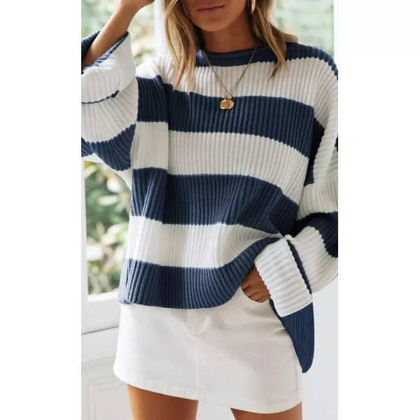 imageZESICA Womens 2023 Fall Long Sleeve Crew Neck Striped Color Block Comfy Loose Oversized Knitted Pullover SweaterNavy
