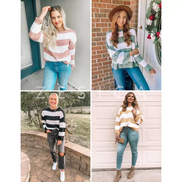 imageZESICA Womens 2023 Fall Long Sleeve Crew Neck Striped Color Block Comfy Loose Oversized Knitted Pullover SweaterNavy
