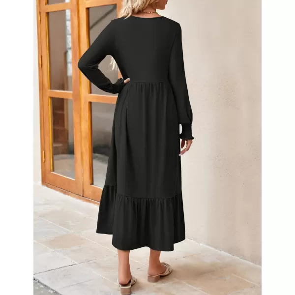 imageZESICA Womens 2023 Fall Long Sleeve Dress Crewneck Casual Loose Pleated Tiered Swing Maxi Dresses with PocketsBlack
