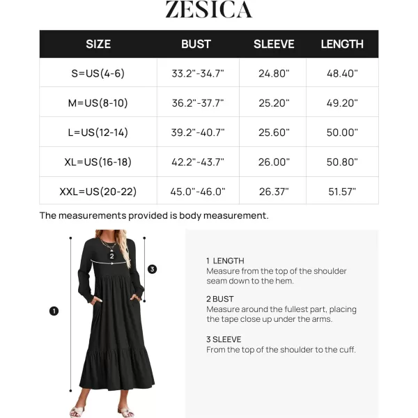 imageZESICA Womens 2023 Fall Long Sleeve Dress Crewneck Casual Loose Pleated Tiered Swing Maxi Dresses with PocketsBlack