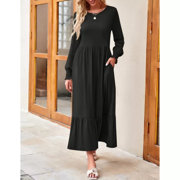 imageZESICA Womens 2023 Fall Long Sleeve Dress Crewneck Casual Loose Pleated Tiered Swing Maxi Dresses with PocketsBlack