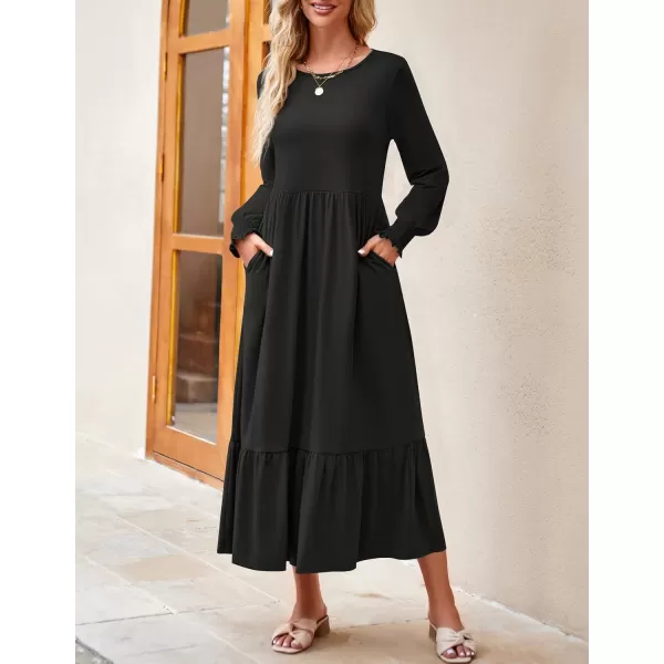 imageZESICA Womens 2023 Fall Long Sleeve Dress Crewneck Casual Loose Pleated Tiered Swing Maxi Dresses with PocketsBlack