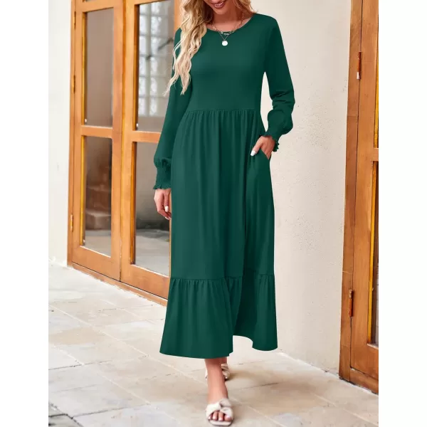 imageZESICA Womens 2023 Fall Long Sleeve Dress Crewneck Casual Loose Pleated Tiered Swing Maxi Dresses with PocketsDarkgreen