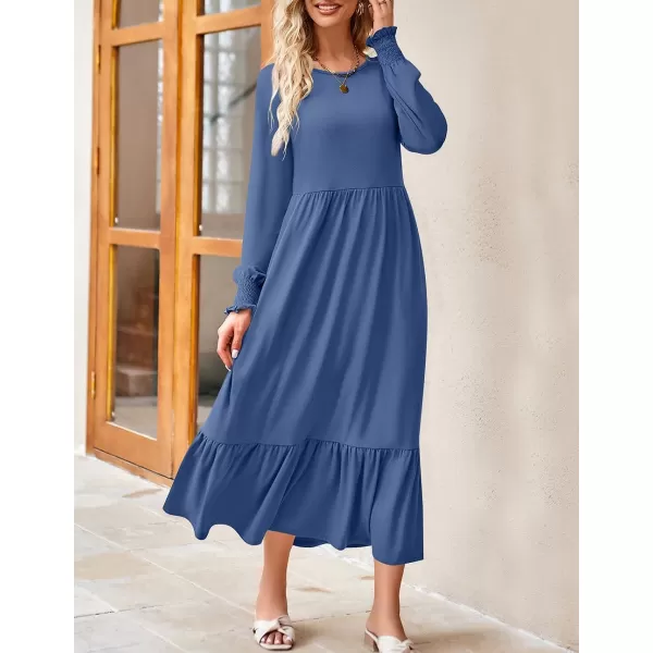 imageZESICA Womens 2023 Fall Long Sleeve Dress Crewneck Casual Loose Pleated Tiered Swing Maxi Dresses with PocketsDustyblue